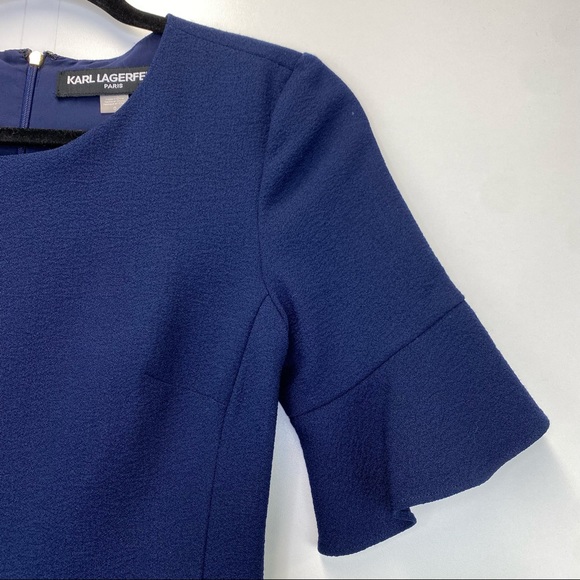 Karl Lagerfeld Blue Sheath Dress Ruffle Flounce Hem Paris Career Crepe Cocktail - Picture 3 of 8